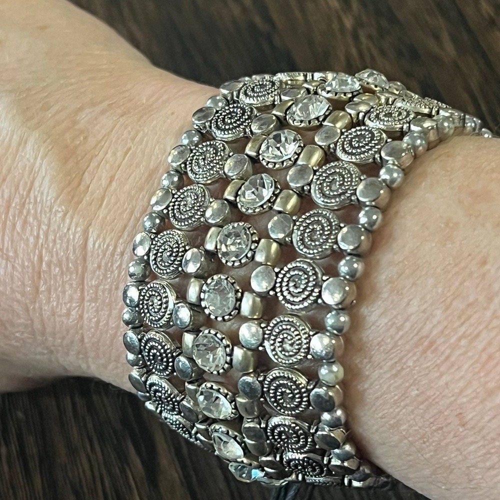 Wide Rhinestone Bracelet Womens OS Silver Adjustable Statement Cuff
